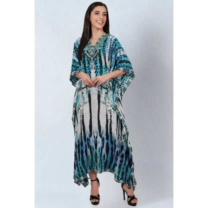 First Resort by Ramola Bachchan Blue & Black Animal Print Embellished Silk Full Length Kaftan