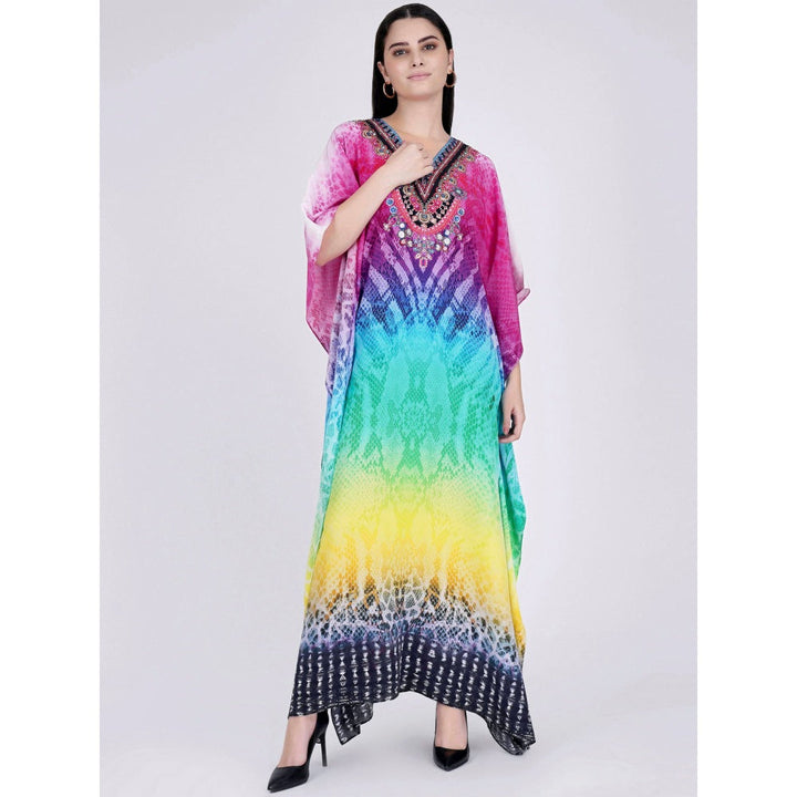 First Resort by Ramola Bachchan Multicoloured Python Print Embellished Silk Full Length Kaftan