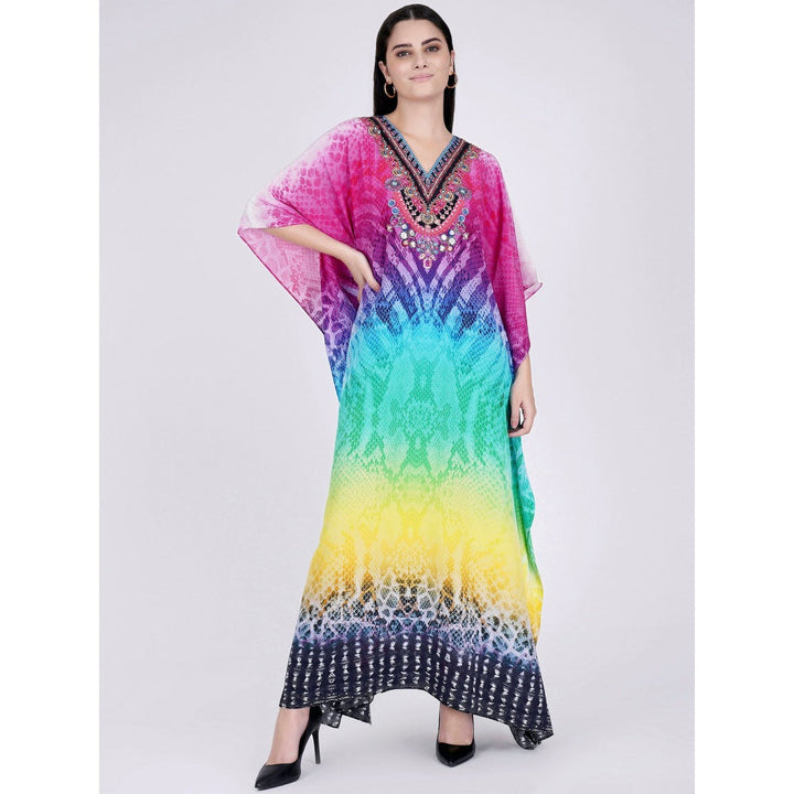 First Resort by Ramola Bachchan Multicoloured Python Print Embellished Silk Full Length Kaftan