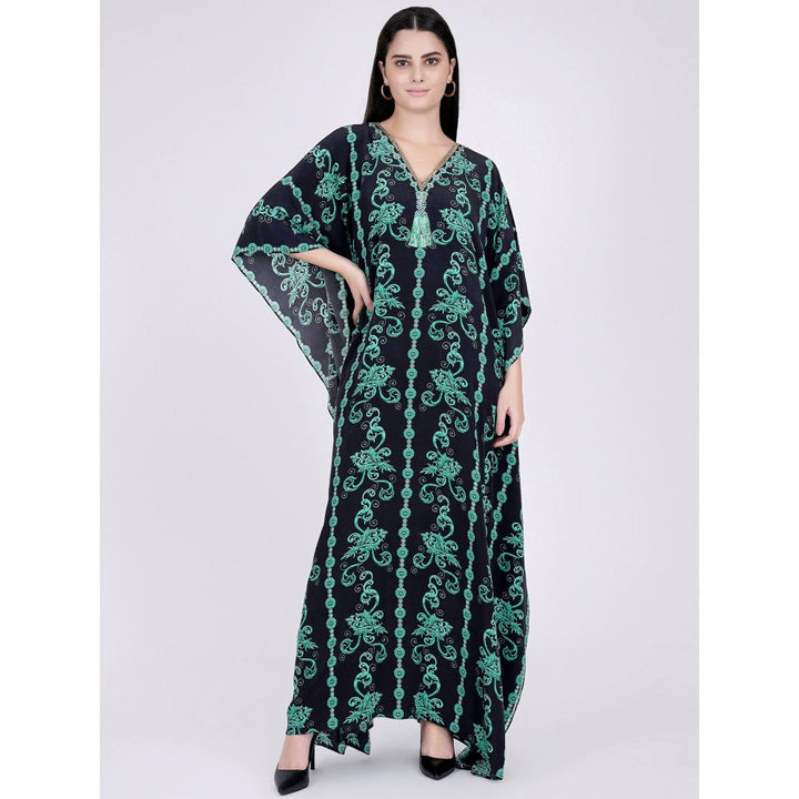First Resort by Ramola Bachchan Black And Green Ivy Embellished Silk Full Length Kaftan