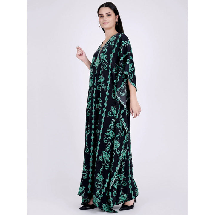 First Resort by Ramola Bachchan Black And Green Ivy Embellished Silk Full Length Kaftan