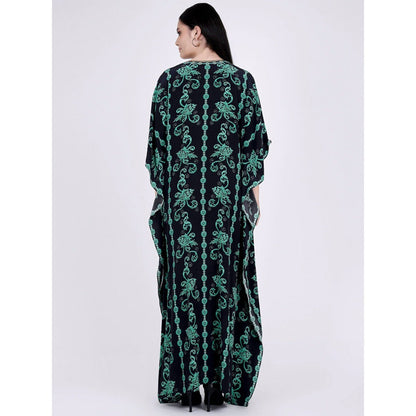 First Resort by Ramola Bachchan Black And Green Ivy Embellished Silk Full Length Kaftan