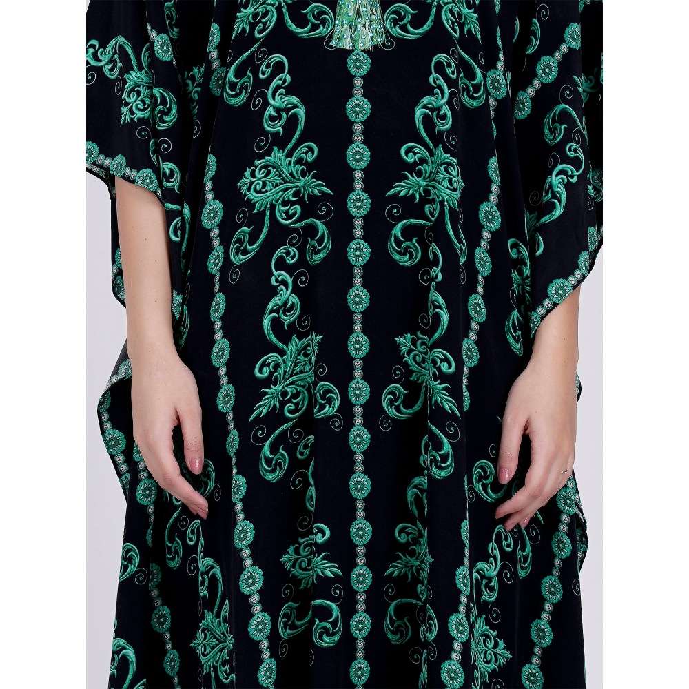 First Resort by Ramola Bachchan Black And Green Ivy Embellished Silk Full Length Kaftan