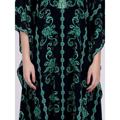 First Resort by Ramola Bachchan Black And Green Ivy Embellished Silk Full Length Kaftan