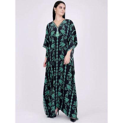 First Resort by Ramola Bachchan Black And Green Ivy Embellished Silk Full Length Kaftan