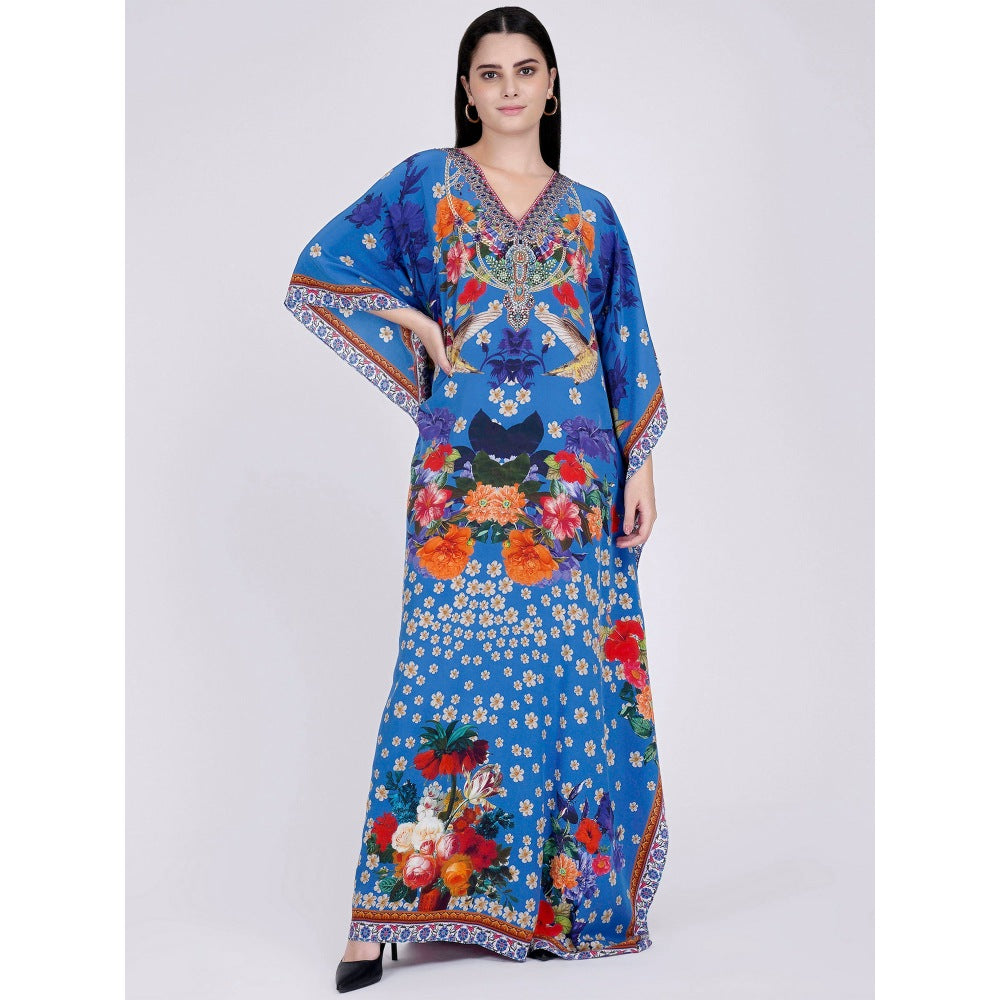 First Resort by Ramola Bachchan Blue & Orange Floral Print Embellished Silk Full Length Kaftan