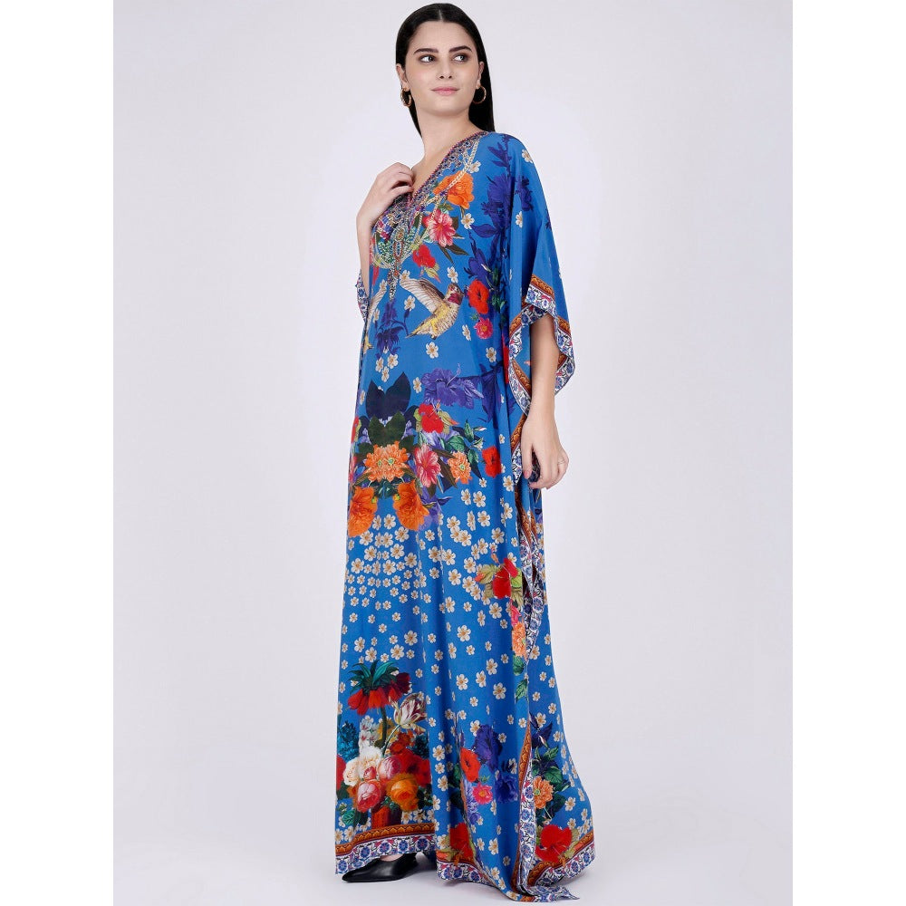 First Resort by Ramola Bachchan Blue & Orange Floral Print Embellished Silk Full Length Kaftan