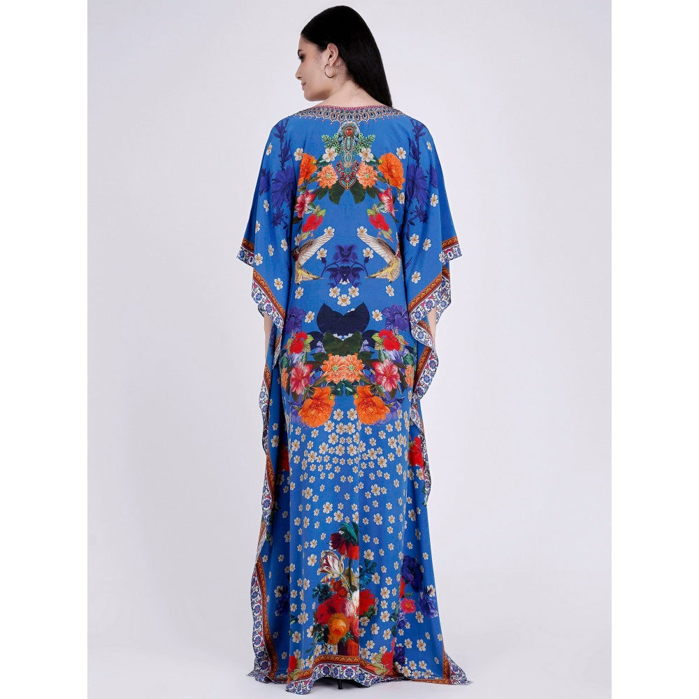 First Resort by Ramola Bachchan Blue & Orange Floral Print Embellished Silk Full Length Kaftan