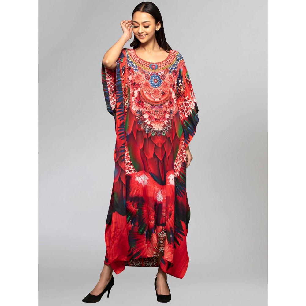 First Resort by Ramola Bachchan Red And Black Tribal Embellished Silk Full Length Kaftan