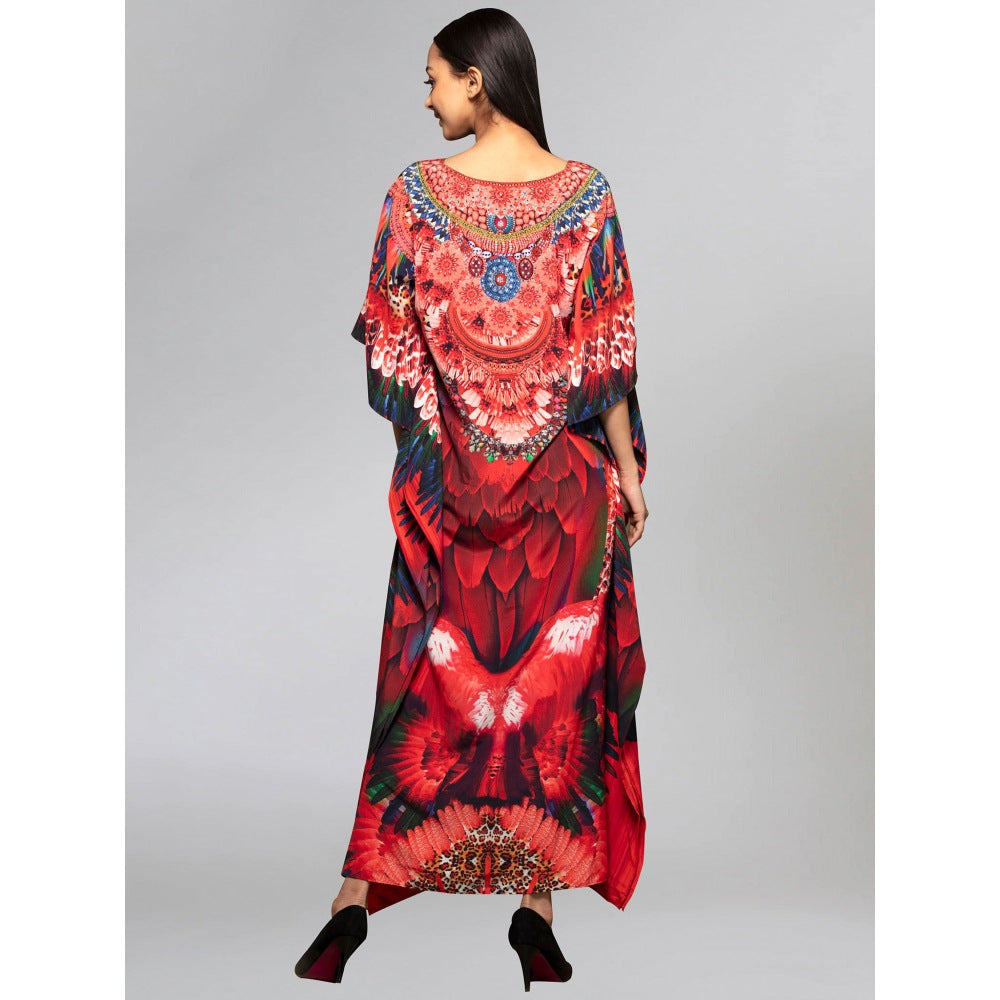 First Resort by Ramola Bachchan Red And Black Tribal Embellished Silk Full Length Kaftan