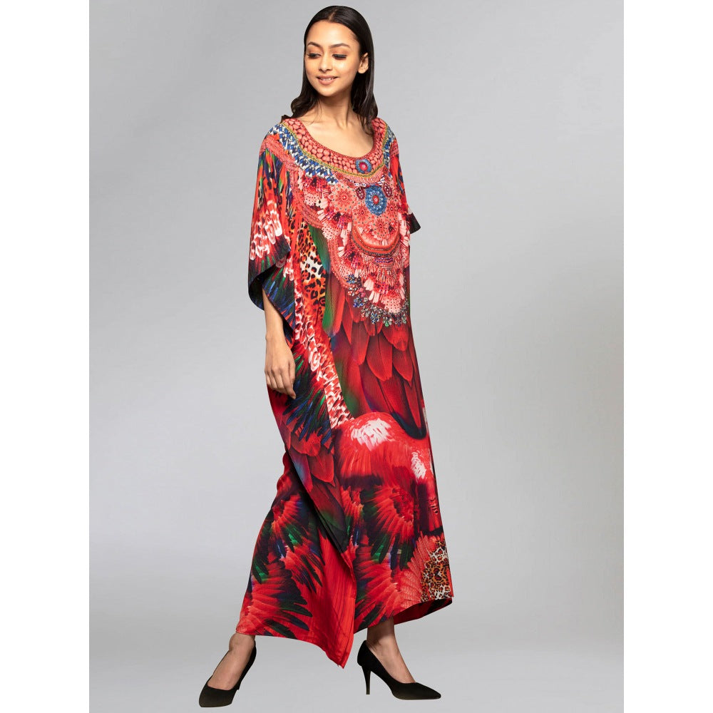 First Resort by Ramola Bachchan Red And Black Tribal Embellished Silk Full Length Kaftan