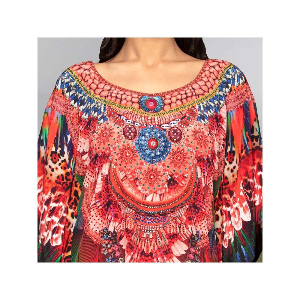 First Resort by Ramola Bachchan Red And Black Tribal Embellished Silk Full Length Kaftan