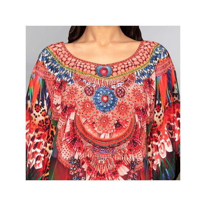 First Resort by Ramola Bachchan Red And Black Tribal Embellished Silk Full Length Kaftan