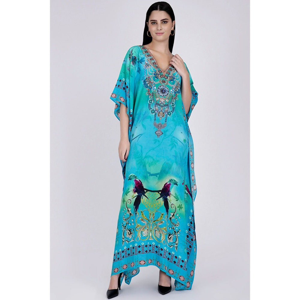 First Resort by Ramola Bachchan Blue Embellished Silk Full Length Kaftan