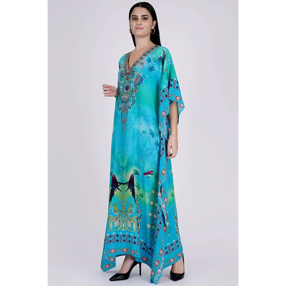 First Resort by Ramola Bachchan Blue Embellished Silk Full Length Kaftan