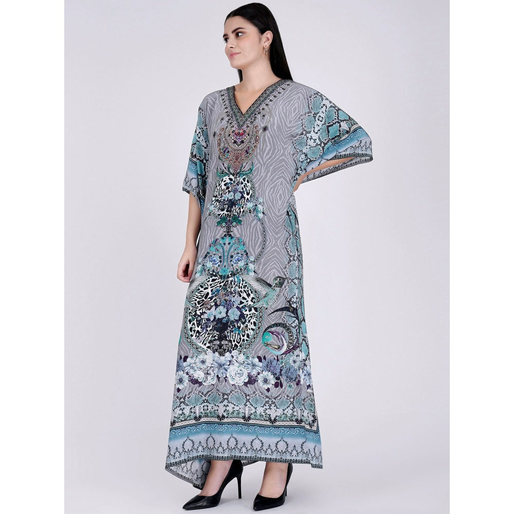First Resort by Ramola Bachchan Grey And Blue Embellished Silk Full Length Kaftan