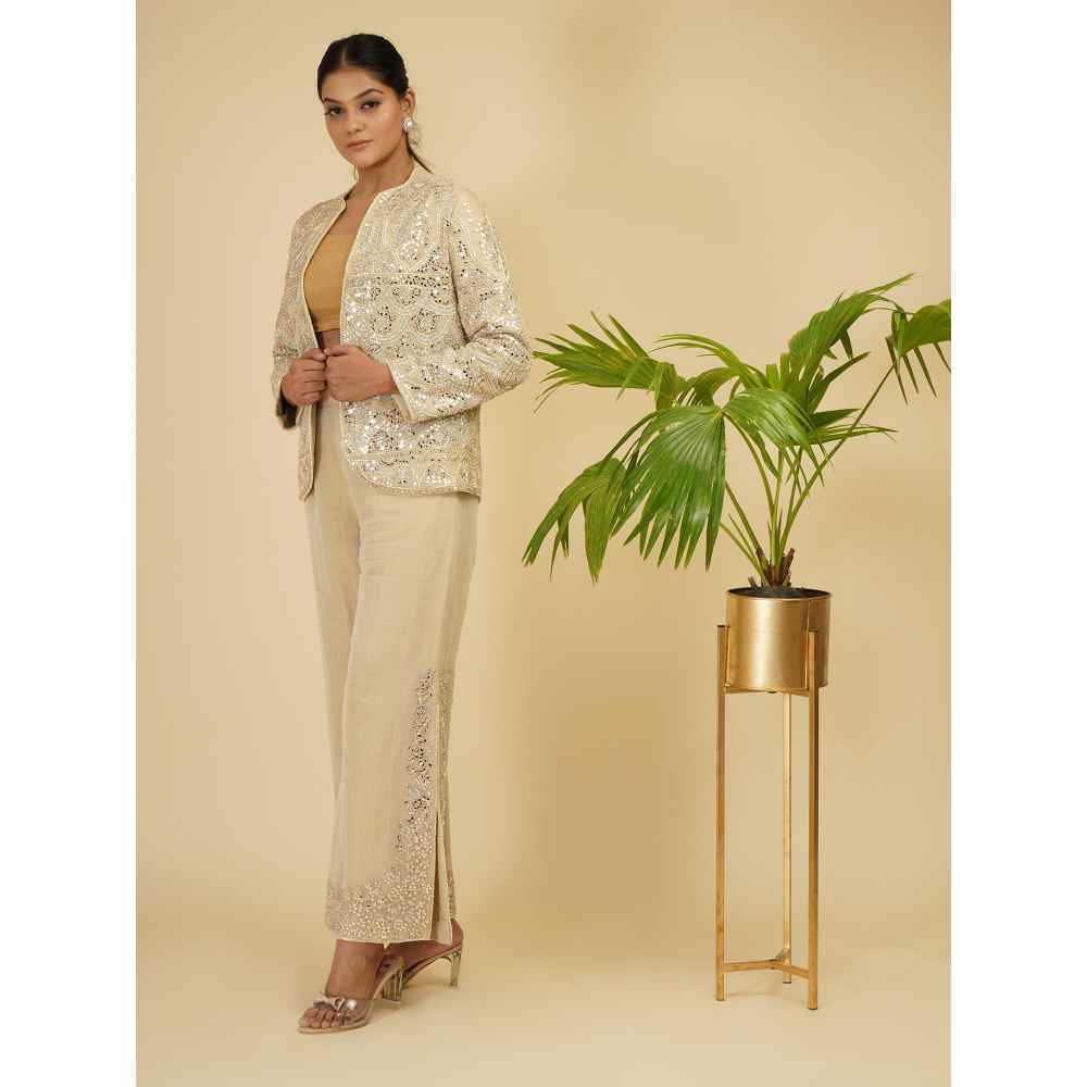 Farha Syed Ivory Soft Tissue Hand Embroidered Co-ord (Set of 3)