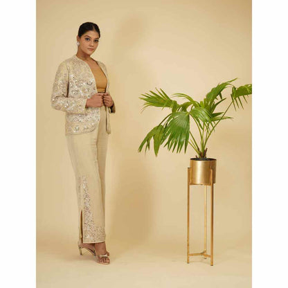 Farha Syed Ivory Soft Tissue Hand Embroidered Co-ord (Set of 3)