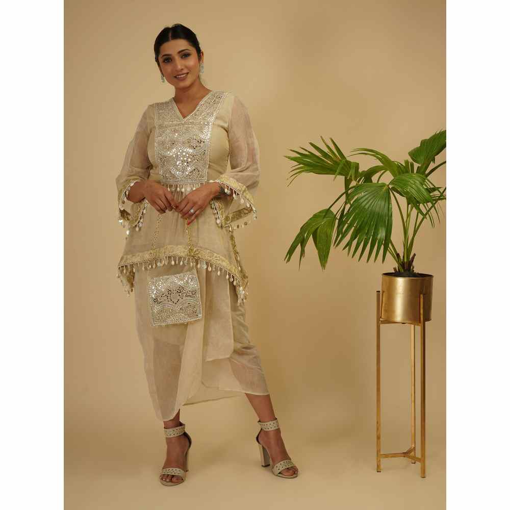 Farha Syed Gold & Ivory Boho Kaftan Kurta (Set of 3)