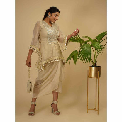 Farha Syed Gold & Ivory Boho Kaftan Kurta (Set of 3)