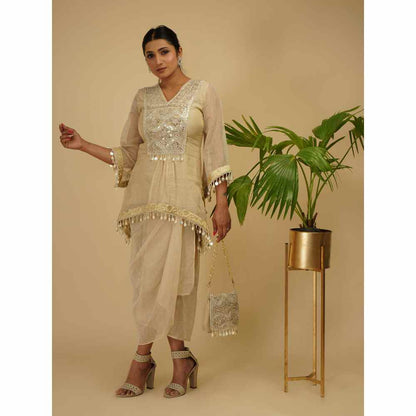 Farha Syed Gold & Ivory Boho Kaftan Kurta (Set of 3)