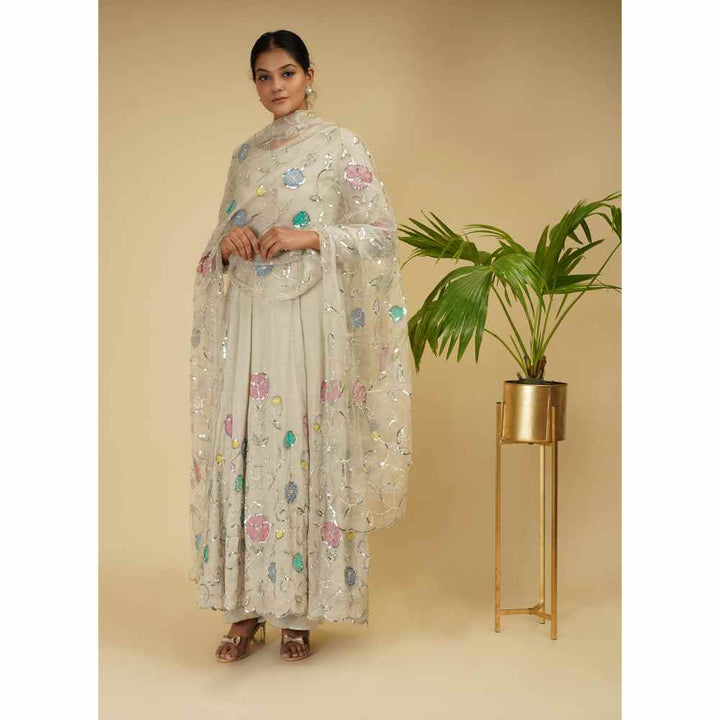 FS Closet by Farha Syed Off White Speckled Embroidered Anarkali (Set of 3)