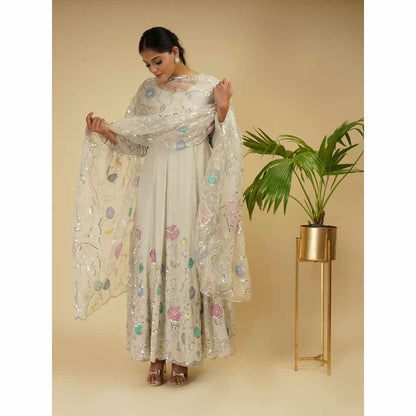 Farha Syed Off White Speckled Embroidered Anarkali (Set of 3)