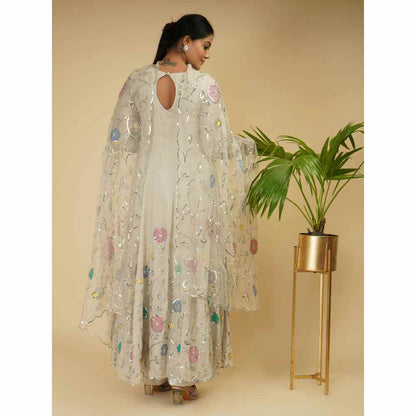 Farha Syed Off White Speckled Embroidered Anarkali (Set of 3)