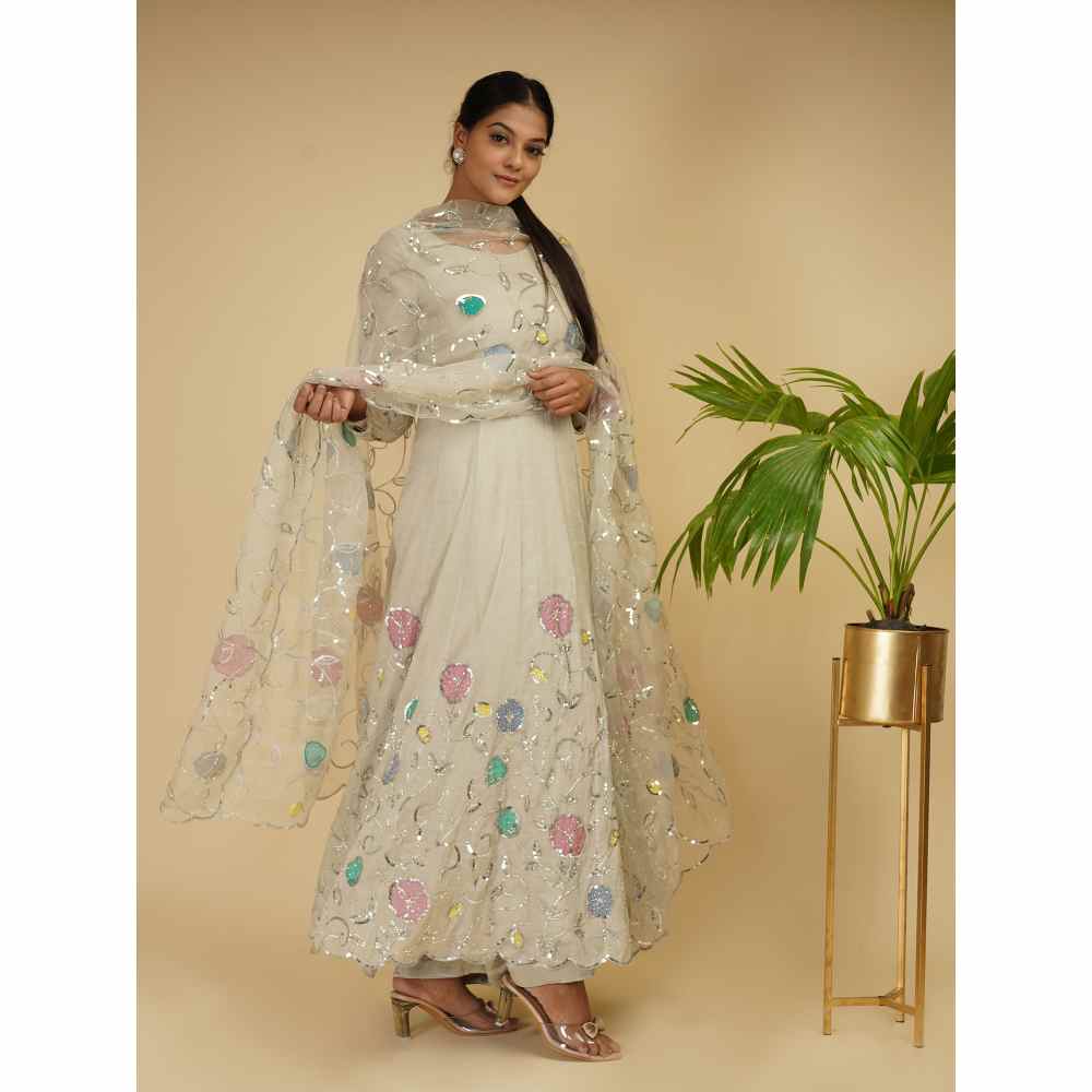 Farha Syed Off White Speckled Embroidered Anarkali (Set of 3)
