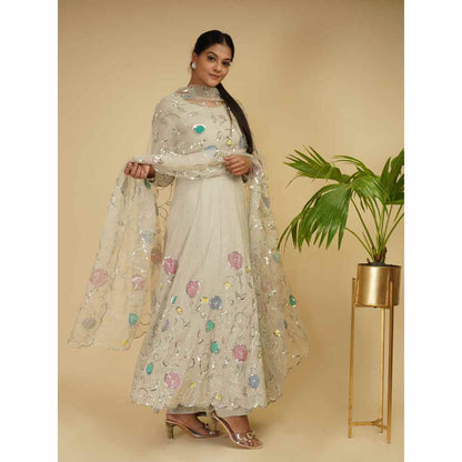 Farha Syed Off White Speckled Embroidered Anarkali (Set of 3)