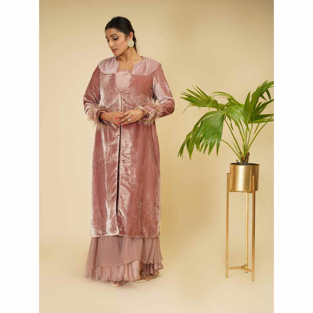Farha Syed Velvet Mauve Long Jacket with Sharara (Set of 2)