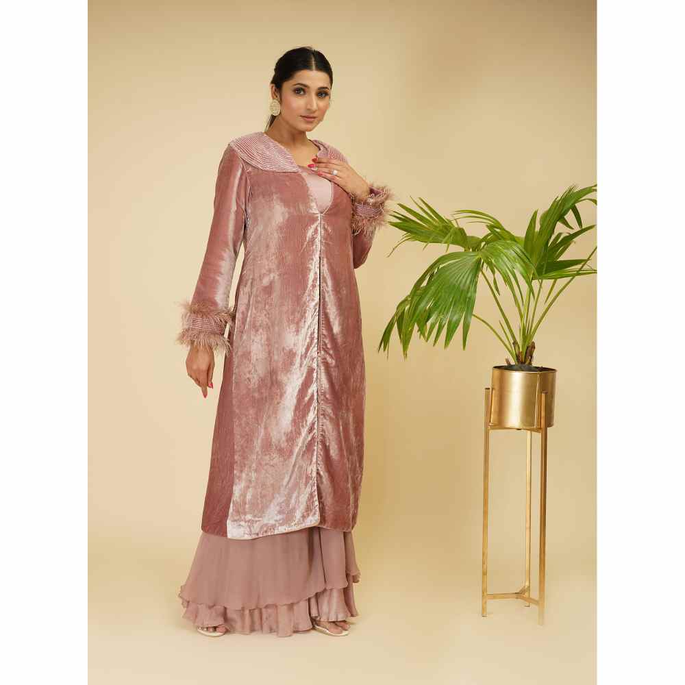 Farha Syed Velvet Mauve Long Jacket with Sharara (Set of 2)