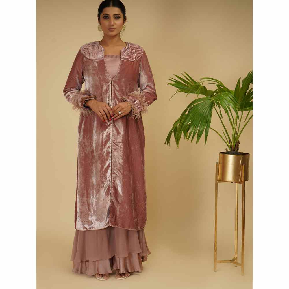 Farha Syed Velvet Mauve Long Jacket with Sharara (Set of 2)