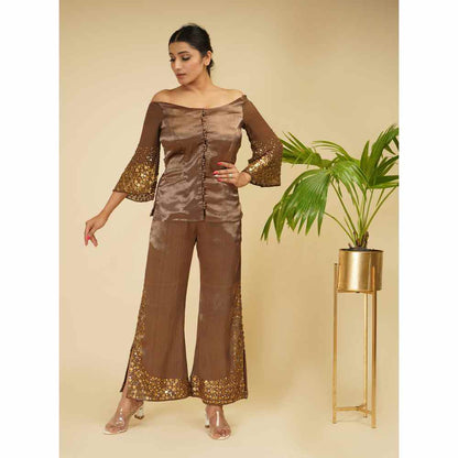 Farha Syed Brown Rose Hand Embroidered Co-ord (Set of 2)