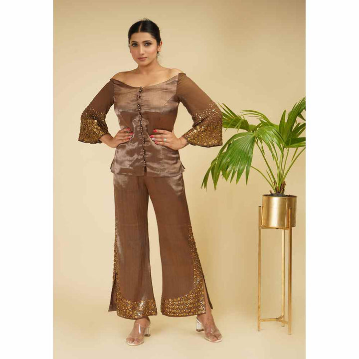 FS Closet by Farha Syed Brown Rose Hand Embroidered Co-ord (Set of 2)