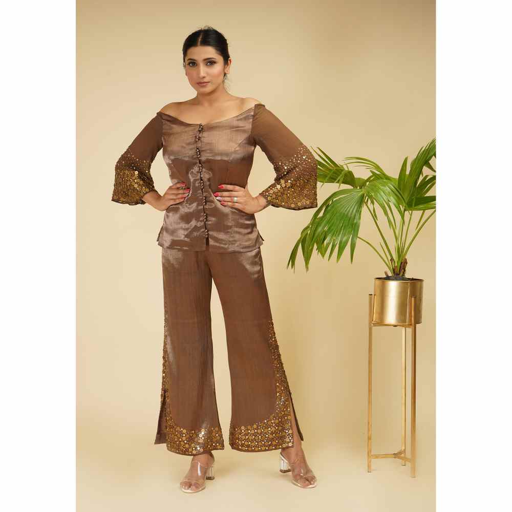 Farha Syed Brown Rose Hand Embroidered Co-ord (Set of 2)