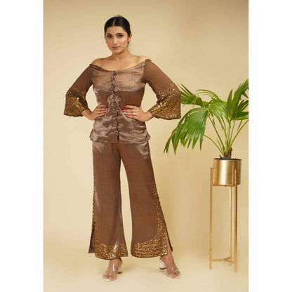 Farha Syed Brown Rose Hand Embroidered Co-ord (Set of 2)