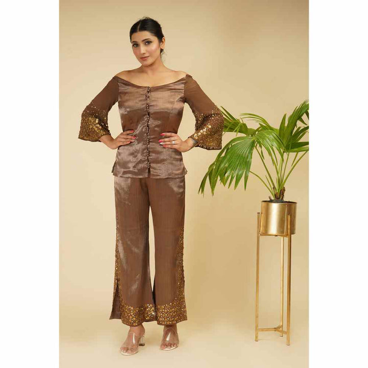 Farha Syed Brown Rose Hand Embroidered Co-ord (Set of 2)