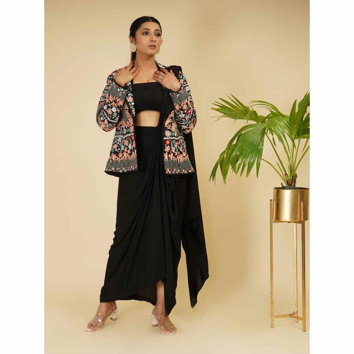 FS Closet by Farha Syed Black & Multi Drape Saree with Blazer & Bustier with Stitched