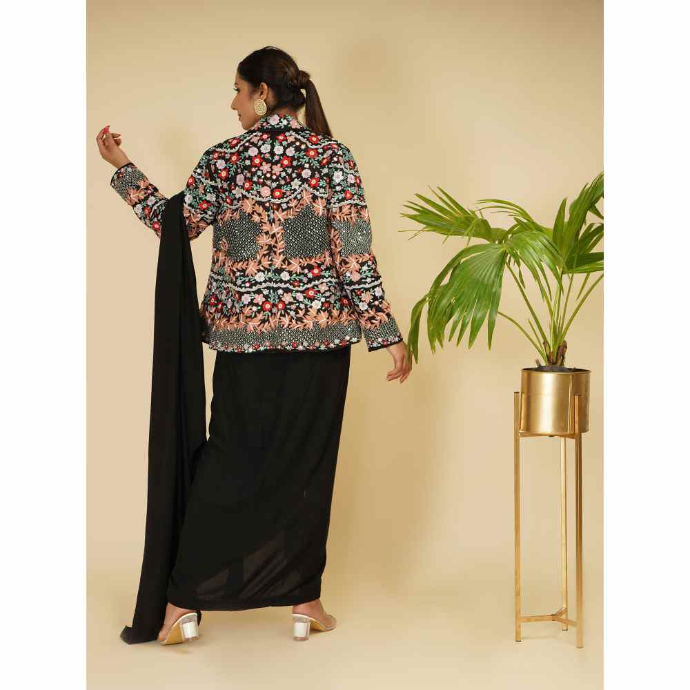 Farha Syed Black & Multi Drape Saree with Blazer & Bustier with Stitched