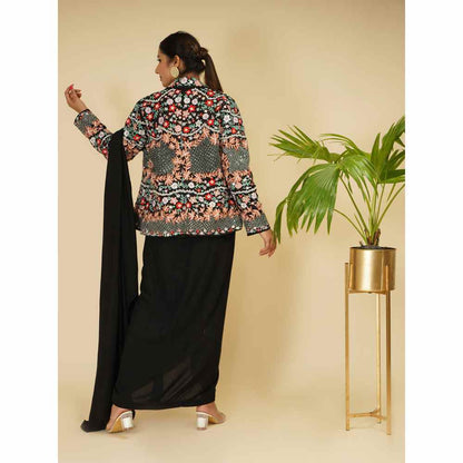 Farha Syed Black & Multi Drape Saree with Blazer & Bustier with Stitched