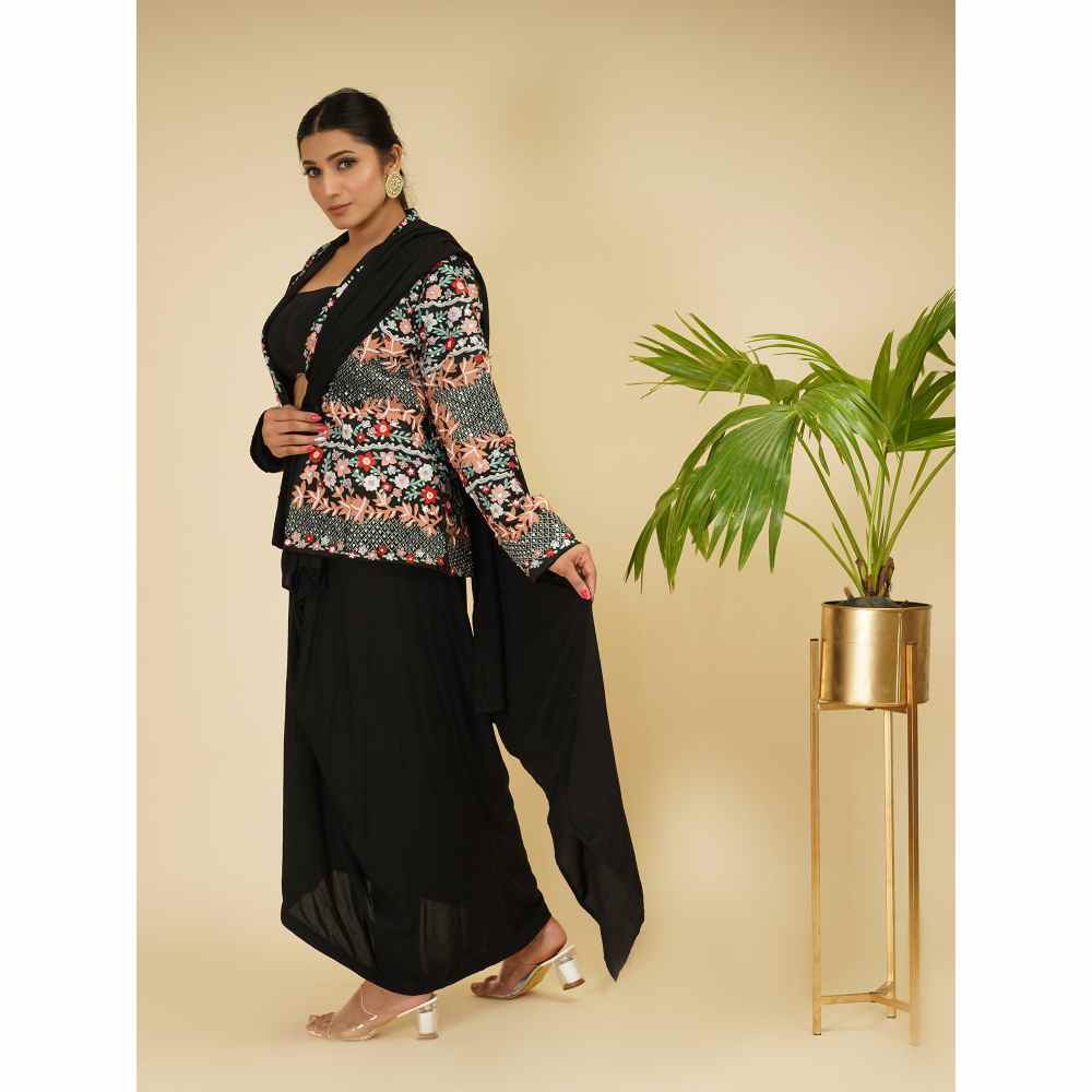 Farha Syed Black & Multi Drape Saree with Blazer & Bustier with Stitched