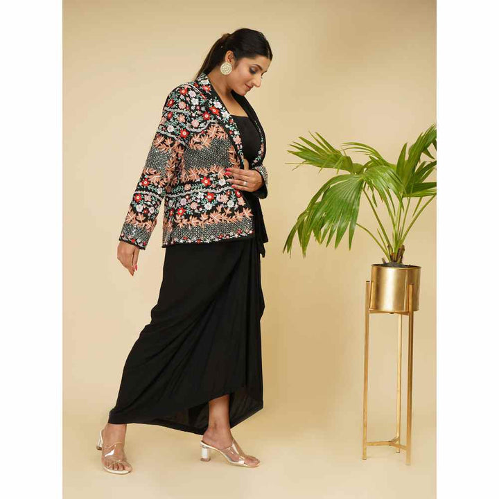 FS Closet by Farha Syed Black & Multi Drape Saree with Blazer & Bustier with Stitched