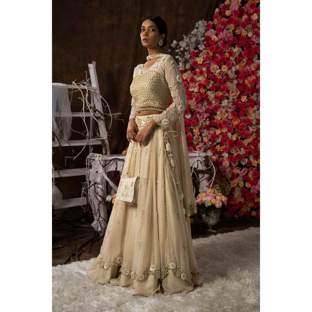 Farha Syed Ivory Champagne Hand Embroidered Lehenga (Set of 4)