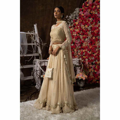 Farha Syed Ivory Champagne Hand Embroidered Lehenga (Set of 4)