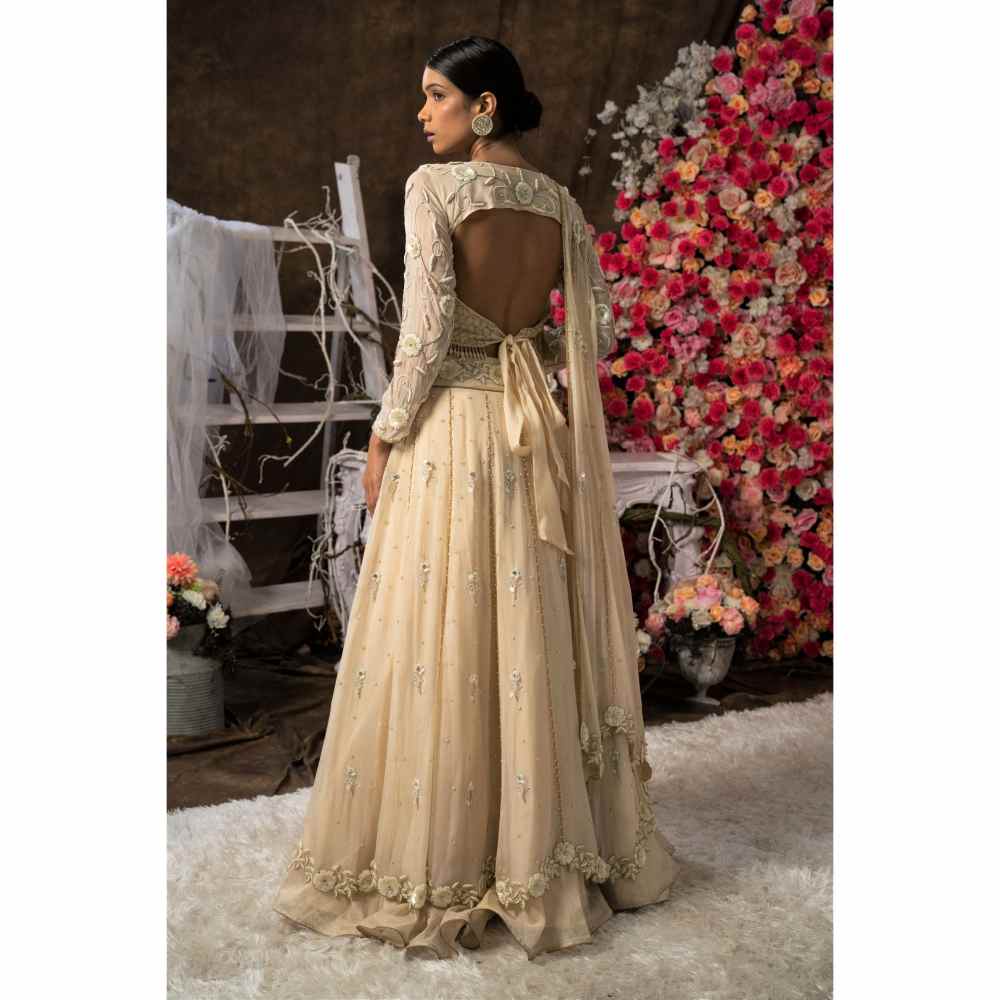 FS Closet by Farha Syed Ivory Champagne Hand Embroidered Lehenga (Set of 4)