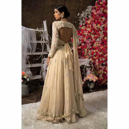 Farha Syed Ivory Champagne Hand Embroidered Lehenga (Set of 4)