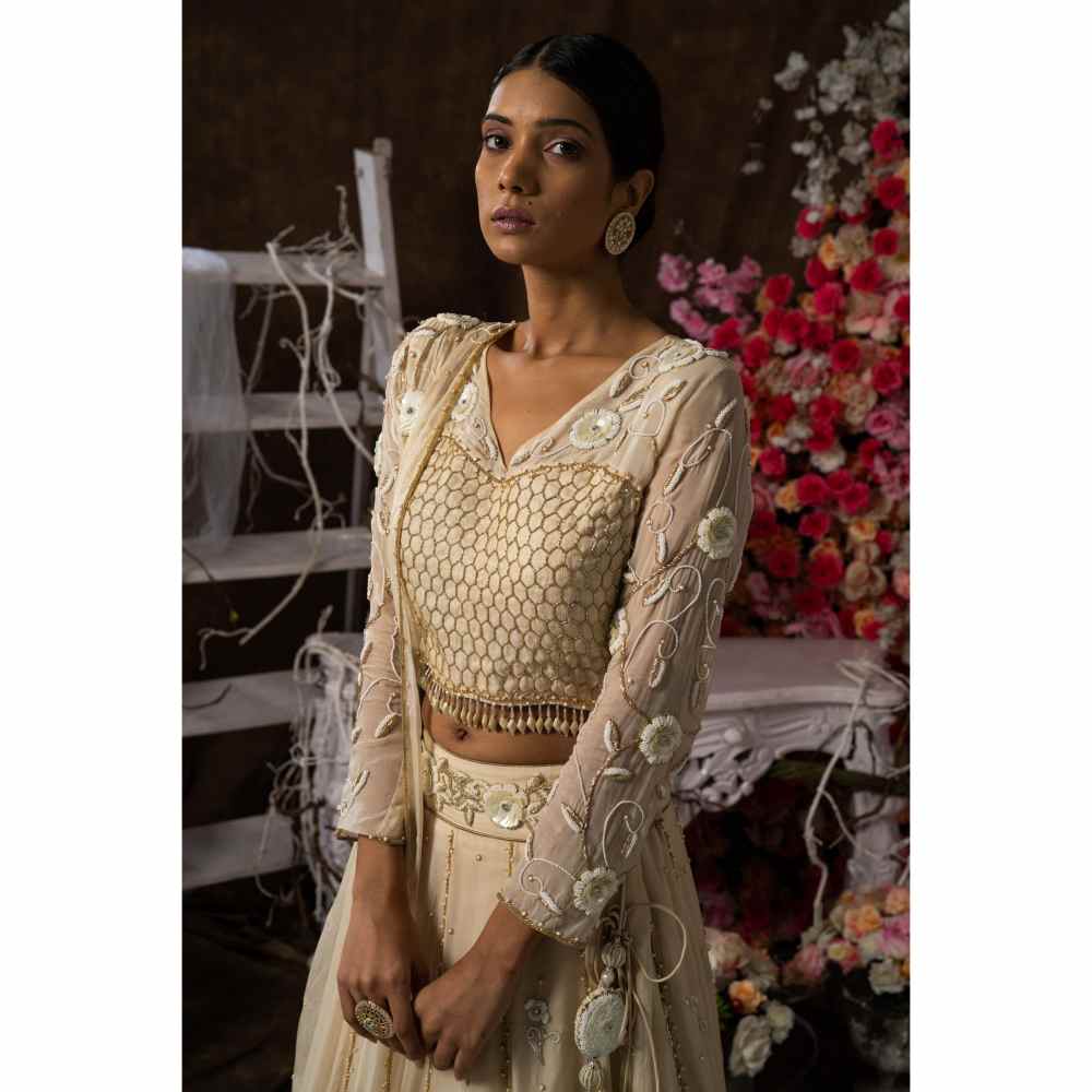 FS Closet by Farha Syed Ivory Champagne Hand Embroidered Lehenga (Set of 4)
