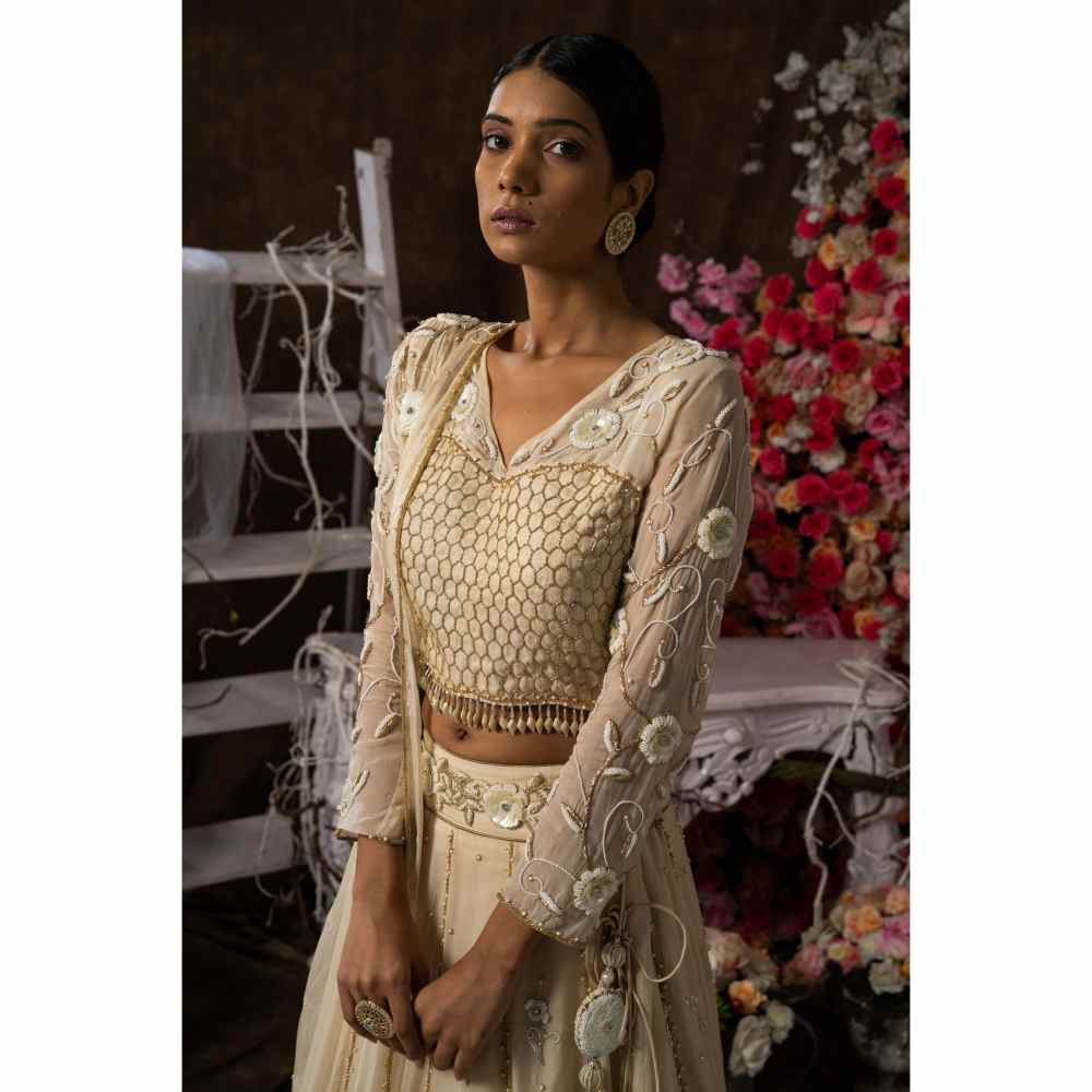Farha Syed Ivory Champagne Hand Embroidered Lehenga (Set of 4)