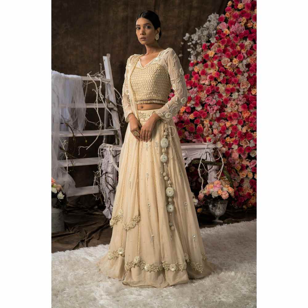 Farha Syed Ivory Champagne Hand Embroidered Lehenga (Set of 4)